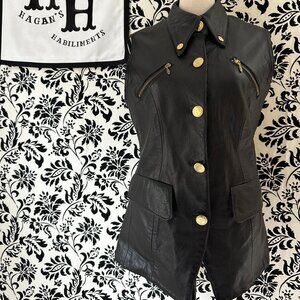 Cache-Black Leather Vest -Gold Buttons Size S